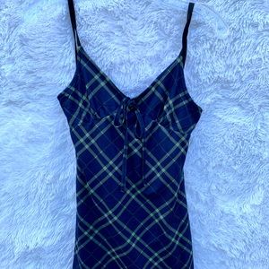 Fitted dress in an allover plaid green with blue skinny straps Size S